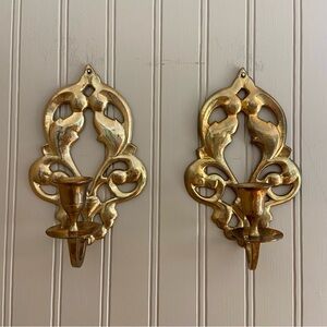 Two BRASS Mid-Century Art Nouveau Candlestick Wall Sconces